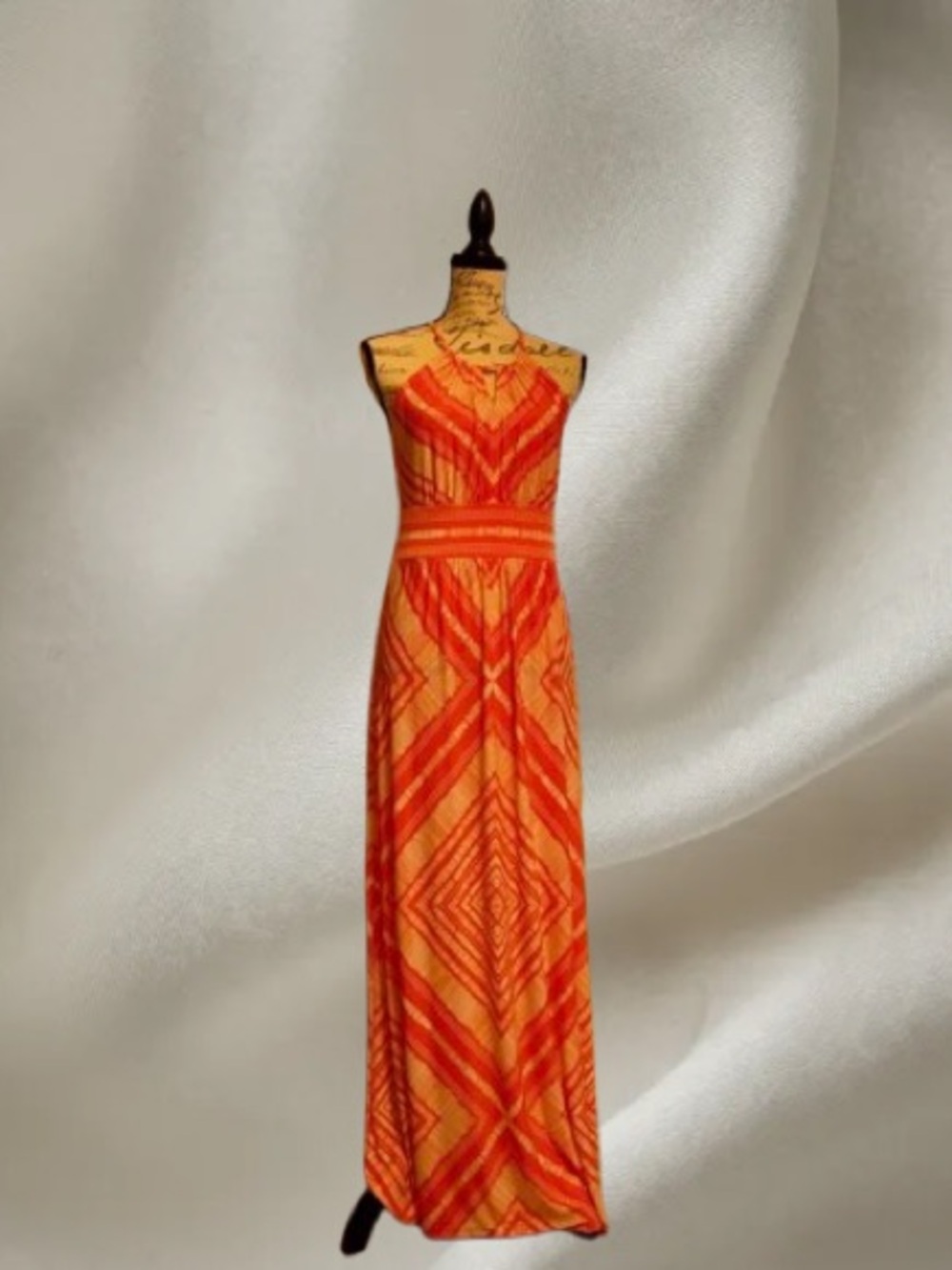 London Times - Sleeveless Orange Geometric Maxi Dress